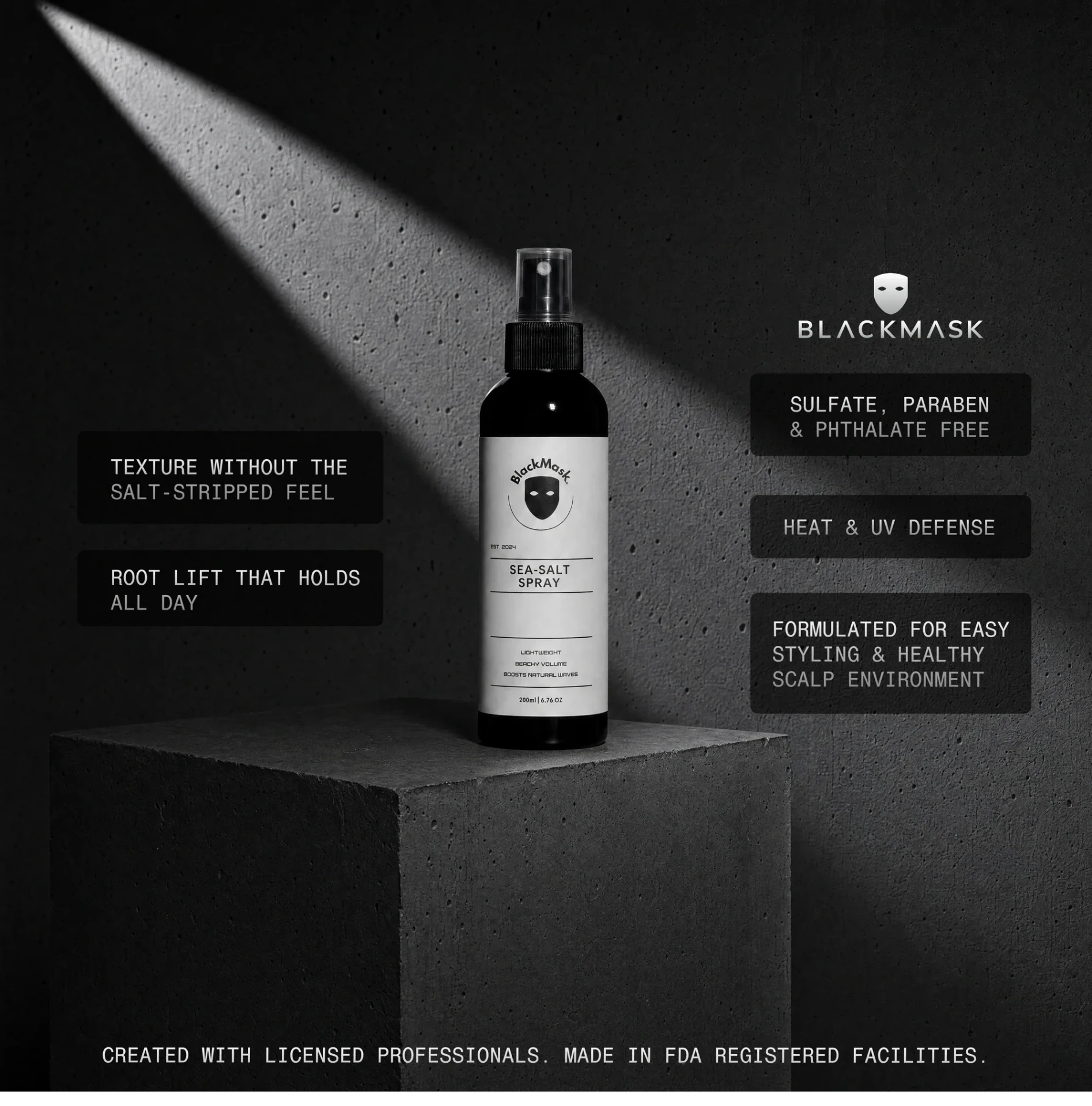 BlackMask Sea Salt Spray with product information