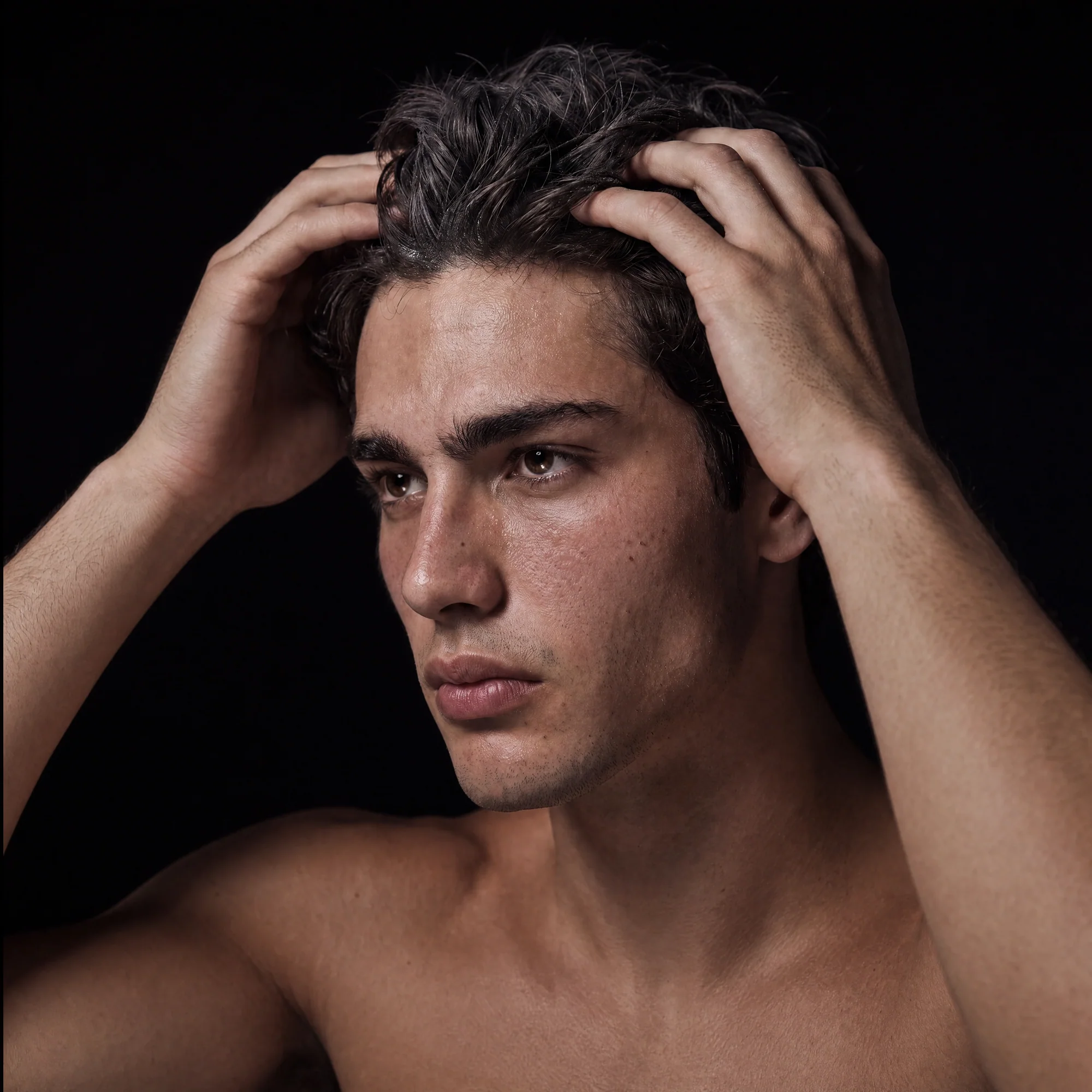 BlackMask model working styling product through his hair